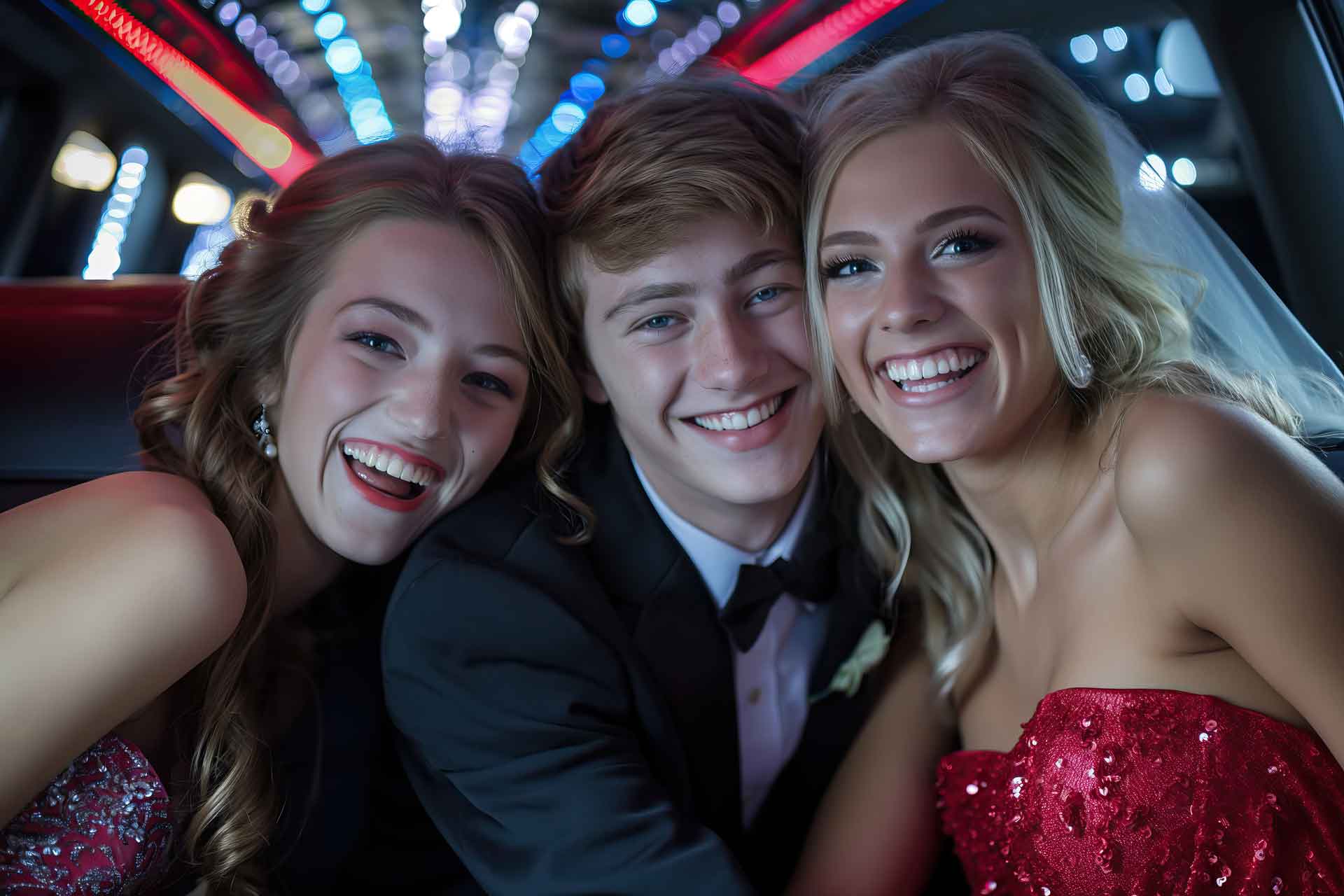 Teenagers in prom attire smiling in the back of a limousine